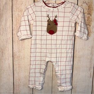5/$20 Mud Pie Red and White Checkered Baby Romper with crochet reindeer 3-6m​
